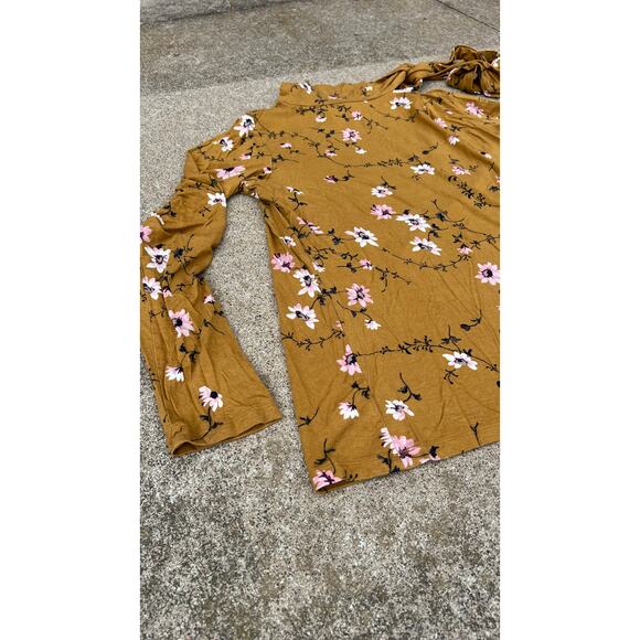Ann Taylor Shirt Women Size Medium Mustard Floral Tie Neck Long Sleeve Blouse - Picture 2 of 5